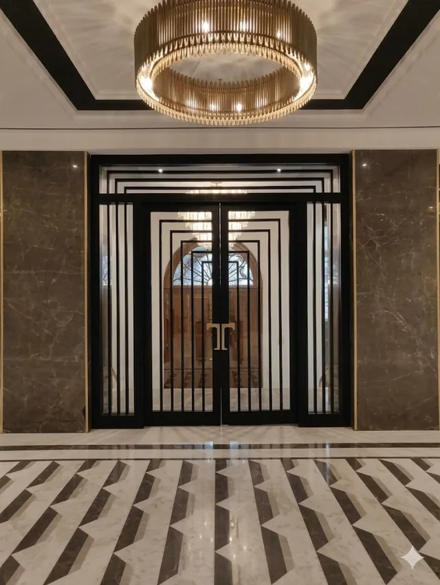 Black and bronze lattice double doors with a brass chandelier above